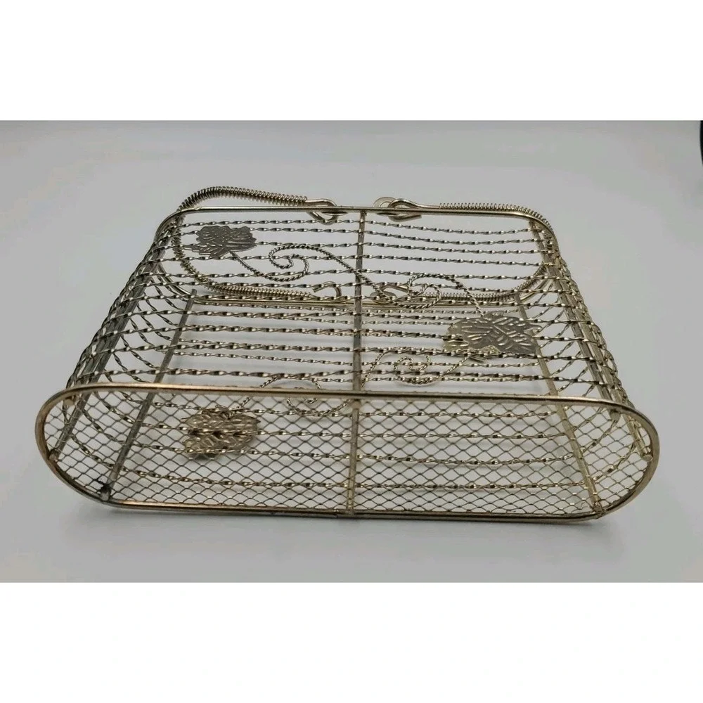 Metal Basket Wire Basket‎ Decorative With Leaves Gold Tone